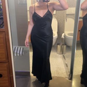 STUNNING BLACK SATIN SLIP DRESS WITH MESH EMBROIDERY SIZE XS